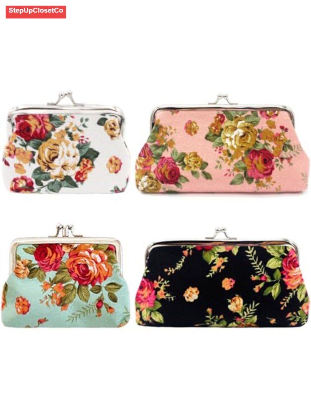 Set of 4 Canvas Floral Coin Purses with Kiss Lock Closure